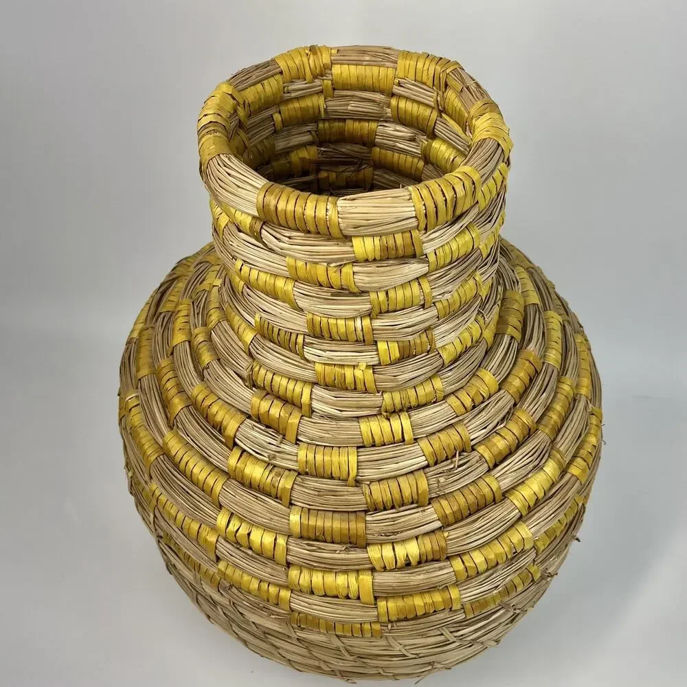 Wicker Coiled Bottleneck Vase 14.5” Floor Tabletop Boho Decor Yellow Stripe